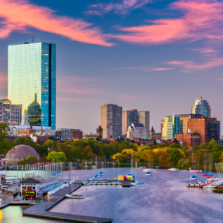 Skyline of Boston, Massachusetts at dusk with modern skyscrapers and waterfront, representing the city’s thriving staffing agency network.