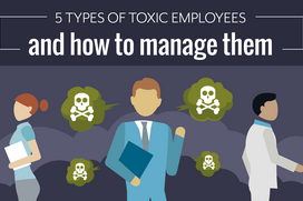 Illustration showing three professionals surrounded by toxic symbols, representing different types of toxic employees and how to manage them.