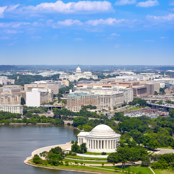 View of Washington, DC skyline with Capitol and federal buildings, symbolizing workforce solutions in the nation’s capital.